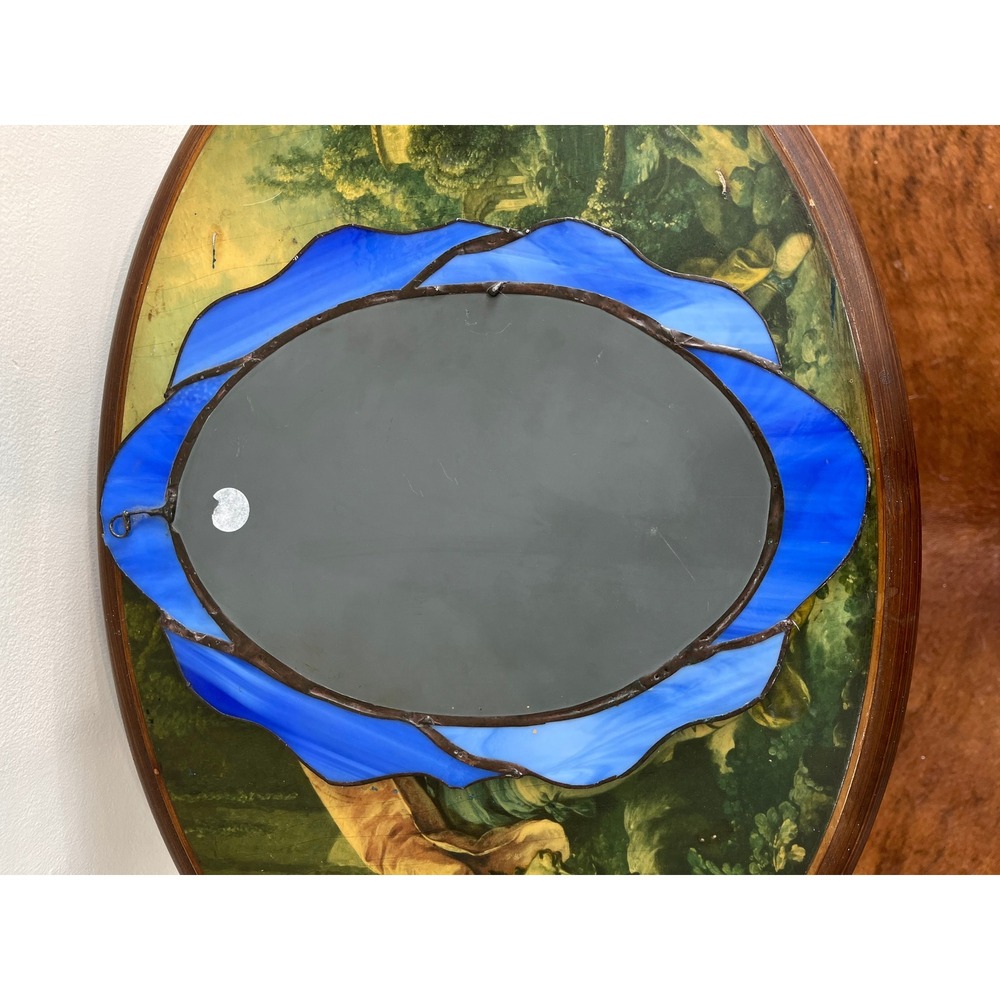 Vintage Blue Stained Glass Oval Mirror Landscape Wood Frame Art Deco Style